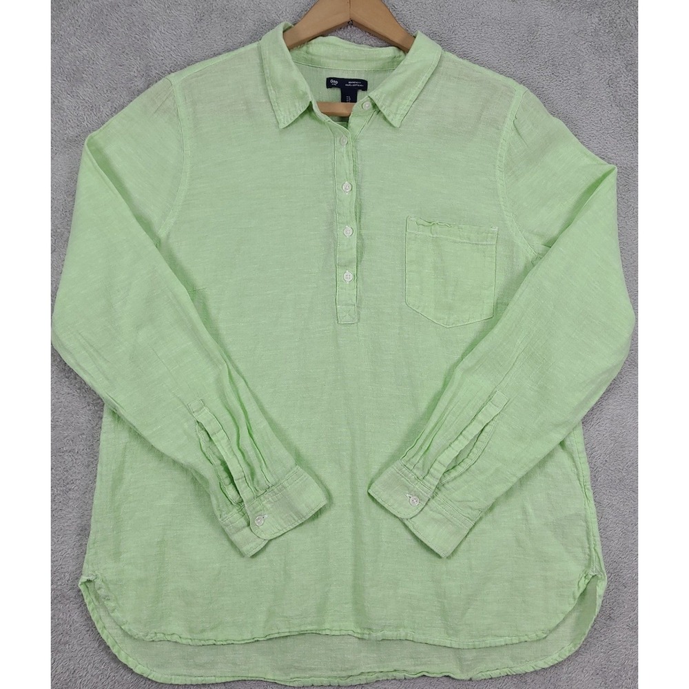 Gap Womens Large Lime Green Linen Cotton Boyfriend Fit Popov Henley Shirt